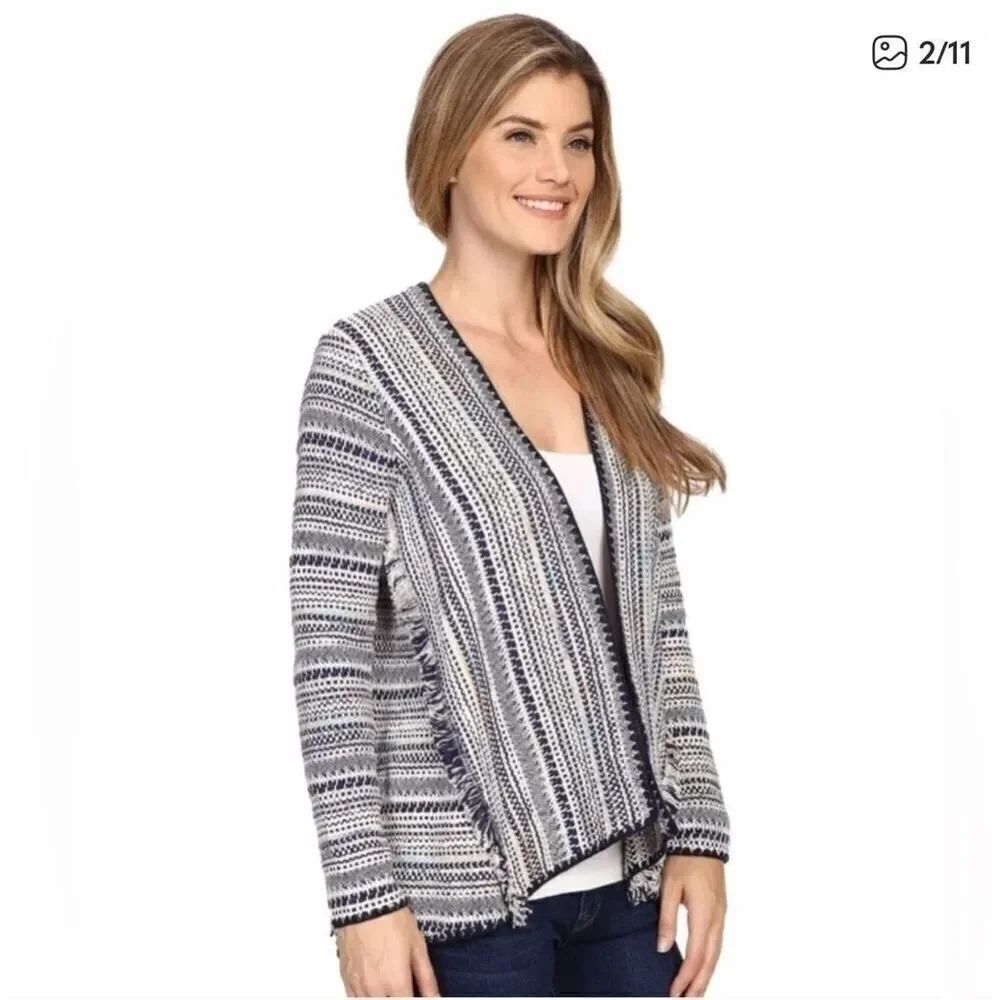 Lucky Brand Pottery Cardigan Large, Open Front with Raw Tassel Hem Trim, Woven